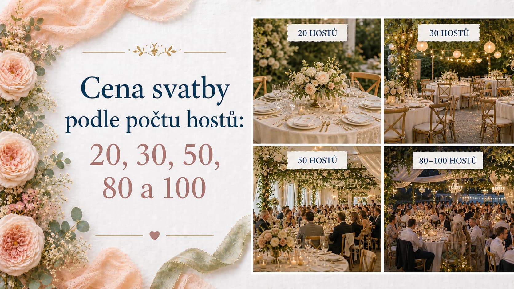 Cena svatby pro 20, 30, 50, 80 a 100 lidí (2026)